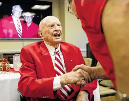  ?? Brett Coomer / Staff photograph­er ?? Bill Yeoman, who turns 92 on Dec. 26, was in good spirits for Tuesday’s gathering, the same day he was named by ESPN as one of the greatest 150 coaches in the first 150 years of college football.