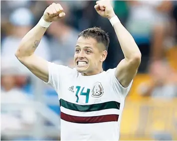  ??  ?? Mexico’s Javier Hernandez celebrates after scoring his side’s second goal during the Group F match between Mexico and South Korea at the 2018 World Cup.