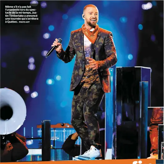  ?? PHOTO AFP ?? Même s’il n’a pas fait l’unanimité lors du spectacle de la mi-temps, Justin Timberlake a annoncé une tournée qui s’arrêtera à Québec.