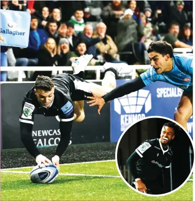  ?? PICTURES: Getty Images ?? Try time: Adam Radwan scores for Newcastle. Inset, Elliot Obatoyinbo celebrates his late winner