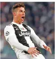  ?? FOTO: CALANNI/DPA ?? Jubel für Juve: Cristiano Ronaldo schoss beim 3:0 gegen Atlético Madrid alle drei Tore.