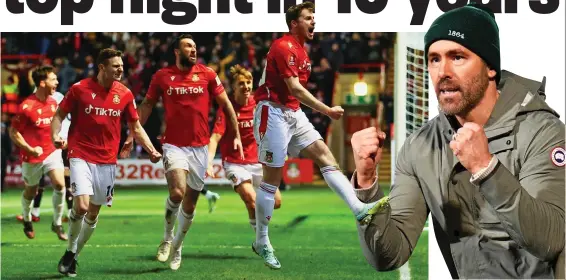  ?? GETTY IMAGES/AFP ?? Leading men: James Jones celebrates scoring against Sheffield United to the delight of Ryan Reynolds