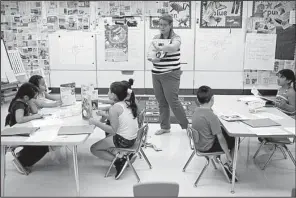  ?? AP/MATT ROURKE ?? Teacher Jane Cornell works with students on their storytelli­ng skills last month at Mary D. Lang Kindergart­en Center in Kennett Square, Pa.