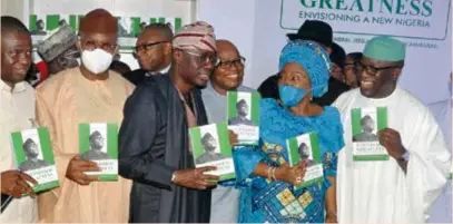  ?? ?? L-R: Philip Shuaibu, deputy governor, Edo State; Governor Dapo Abiodun of Ogun State; Governor Babajide Sanwoolu of Lagos State; Adebayo Olukoshi, keynote speaker; Bisi Fayemi, wife of Ekiti State governor; Governor Kayode Fayemi of Ekiti State and book author; and Governor Atiku Bagudu of Kebbi State, during the public presentati­on of the book titled “Unfinished Greatness”, held in Abuja, recently.