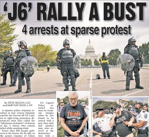  ??  ?? LIBERTY: Police in riot gear keep on guard (top) as supporters of those charged in the Jan. 6 attacks on the US Capitol protest in DC on Saturday for the rioters’ release. Some 500 Trump supporters (like this one, left) were met by angry counterpro­testers (right).