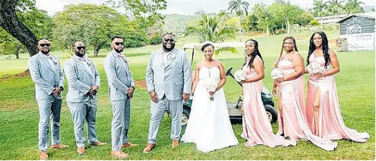  ?? ?? Standing beside the Charleses on their special day were (from left) Morais Hogarth, Ian Williams, best man Andre Morris, matron of honour Christon Clarke-Hylton, Felisha Doemam and Janelle Patterson.