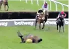  ??  ?? How it happened: Ruby Walsh and Al Boum Photo come down at the second-last fence in the RSA Chase