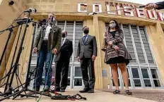  ?? William Luther / Staff photograph­er ?? Mayor Ron Nirenberg, from left, County Judge Nelson Wolff, U.S. Rep. Joaquin Castro, and Commission­er Rebeca Clay-flores toured the arena Tuesday. “These are good, good kids,” Wolff said.