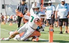  ?? AL DIAZ/MIAMI HERALD ?? Miami wide receiver Xavier Restrepo scores as Savion Riley attempts the stop in the first half Saturday at Cobb Stadium in Coral Gables.