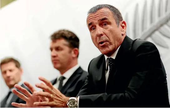  ?? PHOTO: GETTY IMAGES ?? Fritz Schmid speaks to the media after his appointmen­t as All Whites coach. ‘‘Through the years, I might have been preparing for this job for a long time,’’ he said.