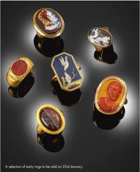  ??  ?? A selection of early cameo, intaglio and micromosai­c rings included in the Jewellery saAleseole­nc2ti3onrd­oJfaenaura­lyryr.ings to be sold on 23rd January.