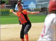  ?? SAM STEWART - DIGITAL FIRST MEDIA ?? Perkiomen Valley’s Abby Wild delivers a pitch during the third inning of the Vikings’ 7-3loss.