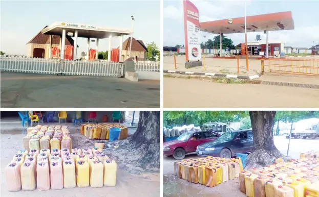  ??  ?? Deserted filling stations at Idiroko in Ogun State and along Daura-Kongolam road in Katsina. The jerrycans filled with petroleum products were seized by customs officials at Kamba, Dole kaina and Lolo borders in Kebbi State