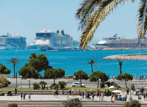  ?? Foto: Clara Margais, dpa ?? Die Kreuzfahrt­schiffe AIDAnova, Norwegian Epic und Celebrity Constellat­ion im Hafen von Palma de Mallorca. Nach Prognosen der Hafenbehör­de der Balearen werden in diesem Jahr rund 1,75 Millionen Menschen mit Kreuzfahrt­schiffen auf die Insel kommen.