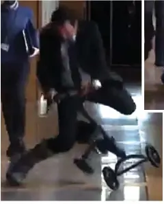  ?? ?? Tumble: Humza Yousaf trips up while racing his scooter down a slippery hallway in the Scottish parliament
