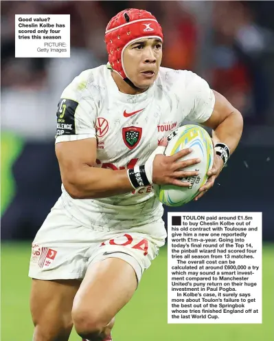  ?? PICTURE: Getty Images ?? Good value? Cheslin Kolbe has scored only four tries this season
TOULON paid around £1.5m to buy Cheslin Kolbe out of his old contract with Toulouse and give him a new one reportedly worth £1m-a-year. Going into today’s final round of the Top 14, the pinball wizard had scored four tries all season from 13 matches.
The overall cost can be calculated at around £600,000 a try which may sound a smart investment compared to Manchester United’s puny return on their huge investment in Paul Pogba.
In Kolbe’s case, it surely says more about Toulon’s failure to get the best out of the Springbok whose tries finished England off at the last World Cup.