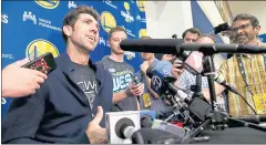  ?? JANE TYSKA — STAFF PHOTOGRAPH­ER ?? Warriors general manager Bob Myers tells the media on Monday that NBA Finals MVP Kevin Durant has earned the right to author his own contract extension.