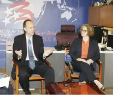  ??  ?? KUWAIT: US Embassy Commercial Attachee Jeff Hamilton (left) speaks during the press conference as Press Attache Heather E Ward looks on.
—Photo by Joseph Shagra