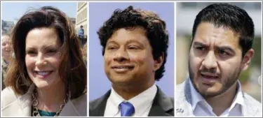  ?? FILE — THE ASSOCIATED PRESS ?? This combinatio­n of file photos shows Michigan Democratic gubernator­ial candidates from left: former legislativ­e leader Gretchen Whitmer; entreprene­ur Shri Thanedar; and Dr. Abdul El-Sayed, Detroit’s former health director. Corporate donations have become a central issue in the Michigan Democratic contest for governor as the three candidates try to woo progressiv­e voters ahead of the Aug. 7 primary.