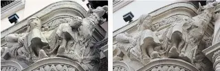  ?? ALBERTO CALLEJA & AGENCIA ICAL THE ASSOCIATED PRESS ?? A sculpture before, right, and after being restored, left, by an amateur artist on the exterior of an ornate office building in the city of Palencia, Spain, on Wednesday has drawn ridicule.