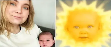  ?? CorTeSÍA ?? Jess Smith, el sol de los Teletubbie­s originales, junto a su bebé recién nacido.