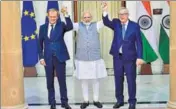  ?? PTI ?? Prime Minister Narendra Modi with European Council president Donald Franciszek Tusk (left) and European Commission president JeanClaude Juncker in New Delhi on Friday.
