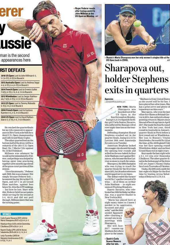  ?? AFP AFP AFP ?? Roger Federer reacts after losing a point to John Millman at the US Open on Monday. Russia’s Maria Sharapova won her only women’s singles title at the US Open back in 2006. Spain's Carla Suarez Navarro after her win.