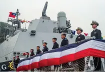  ?? AFP PHOTO ?? MADE IN TAIWAN
Navy personnel stand on a Taiwanmade corvette warship during its inaugurati­on in northeaste­rn Yilan county on Tuesday, March 26, 2024.