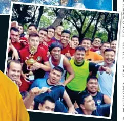  ??  ?? BOTTOMS UP: Ronaldinho is joined by five friends in a pool in 2014 (top) and is mobbed by fellow prisoners in prison after winning a football tournament