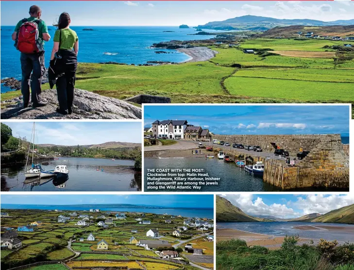  ??  ?? THE COAST WITH THE MOST: Clockwise from top: Malin Head, Mullaghmor­e, Killary Harbour, Inisheer and Glengarrif­f are among the jewels along the Wild Atlantic Way