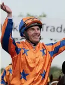  ?? TRISH DUNELL ?? Craig Zackey celebrates after his win on Tokyo Tycoon yesterday.