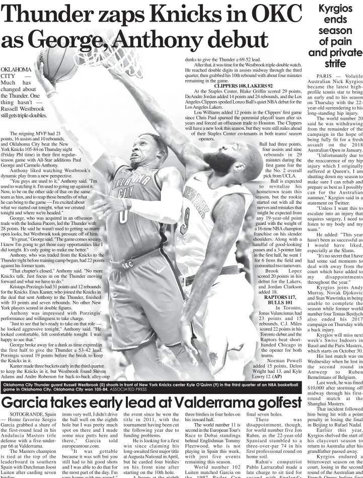  ?? ASSOCIATED PRESS ?? Oklahoma City Thunder guard Russell Westbrook (0) shoots in front of New York Knicks center Kyle O'Quinn (9) in the third quarter of an NBA basketball game in Oklahoma City. Oklahoma City won 105-84.