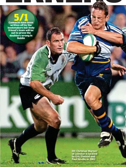  ??  ?? Hit: Christian Warner of Leinster is tackled by Eric Elwood and Paul Neville in 2002