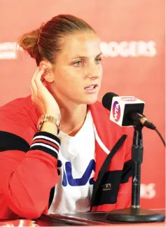  ?? — AFP photo ?? Karolina Pliskova of Czech Republic speaks to the media after defeating Anastasia Pavlyuchen­kova of Russia during Day 5 of the Rogers Cup at Aviva Centre on August 9, 2017 in Toronto, Canada.