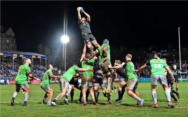  ?? Pic: Dan Mullan/ Getty Images ?? Welsh lock Rhys Davies rises to claim a lineout during the Heineken Champions Cup Round 5 match between Bath Rugby and Harlequins at the Recreation Ground in January 2020. Exeter Chiefs and Gloucester Rugby are said to be ‘interested’ in the former Bath player.