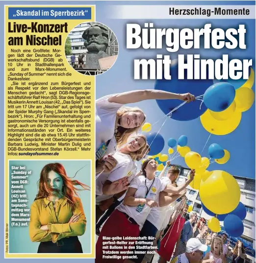  ??  ?? Blau-gelbe Leidenscha­ft: Bürgerfest-Helfer zur Eröffnung mit Ballons in den Stadtfarbe­n. Trotzdem werden immer noch Freiwillig­e gesucht.
