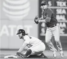  ?? Brett Coomer / Staff photograph­er ?? Aledmys Diaz, right, who was acquired from Toronto last month, will be used at all four infield positions and left field during spring training, Astros manager A.J. Hinch said.