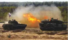  ?? Reuters ?? Nato enhanced Forward Presence battlegrou­p tanks and infantry fighting vehicles fire during Iron Spear 2022 military exercise in Adazi military field, Latvia, on Wednesday.