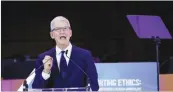  ??  ?? YVES HERMAN/REUTERS Apple CEO Tim Cook delivers a keynote during the European Union’s privacy conference at the EU Parliament in Brussels, Belgium, on October 24, 2018.