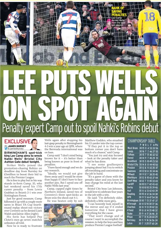  ??  ?? Lee Camp denied Wells from the spot last season