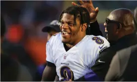  ??  ?? Baltimore Ravens quarterbac­k Lamar Jackson celebrates with teammates in the fourth quarter of Sunday’s win over the Cincinnati Bengals. Photograph: Joseph Maiorana/USA Today Sports