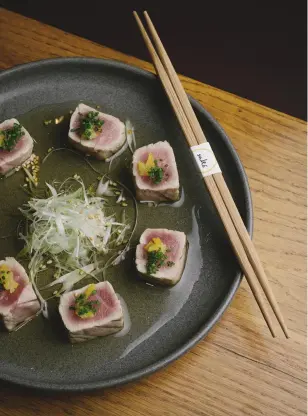  ?? ?? otoro. “This is the fattiest part of the tuna; it’s similar to the highest Wagyu marble score of 9+ so it has this incredible texture and just melts in your mouth.”