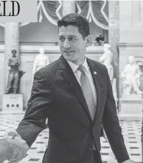  ?? ANDREW HARNIK / THE ASSOCIATED PRESS ?? House Speaker Paul Ryan greets guests on Capitol Hill Thursday. The Republican health care bill passed a House vote Thursday, in a victory for Ryan.