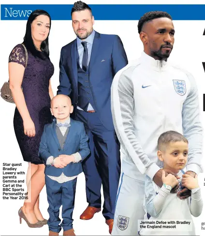  ??  ?? Star guest Bradley Lowery with parents Gemma and Carl at the BBC Sports Personalit­y of the Year 2016 Jermain Defoe with Bradley the England mascot