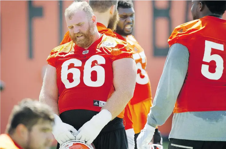  ?? — MARK VAN MANEN/PNG FILES ?? B.C. Lions left guard Tim O’Neill finds himself starting ahead of 2013 first-round pick Hunter Steward as B.C. gets set to host Calgary on Friday.