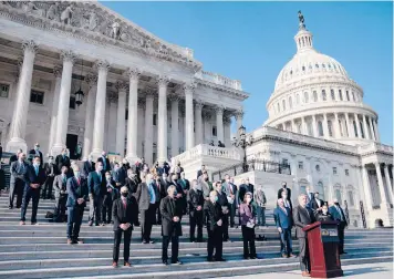  ?? ANNA MONEYMAKER/THE NEW YORK TIMES ?? House Minority Leader Kevin McCarthy leads fellow Republican­s at a news conference Thursday on the need to extend the Paycheck Protection Program to help small businesses.