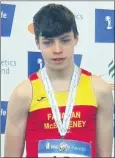  ?? ?? Sean Riordan, silver in U13 shot putt and gold in 600m at last weekend’s All-Ireland Indoor Championsh­ips.