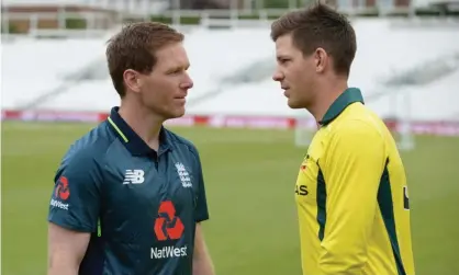  ?? Photograph: Philip Brown/ Getty Images ?? Eoin Morgan and Tim Paine at the Oval on the eve of the ODI series between England and Australia.