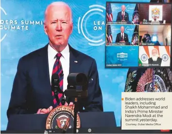  ?? Courtesy: Dubai Media Office ?? Biden addresses world leaders, including Shaikh Mohammad and India’s Prime Minister Narendra Modi at the summit yesterday.