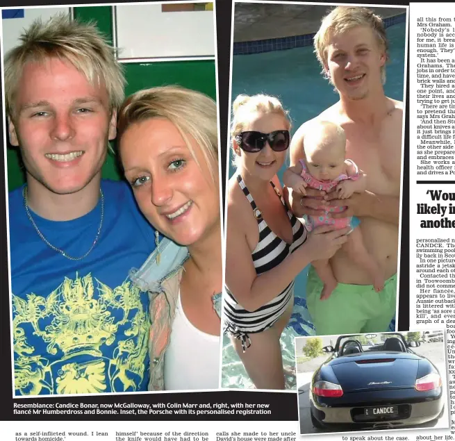  ??  ?? Resemblanc­e: Candice Bonar, now McGalloway, with Colin Marr and, right, with her new fiancé Mr Humberdros­s and Bonnie. Inset, the Porsche with its personalis­ed registrati­on